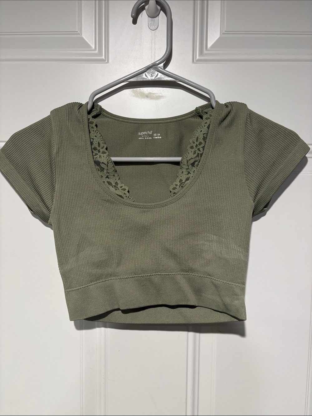 Superchill by Aerie Olive Green Lace-Trim Ribbed Cropped Tee